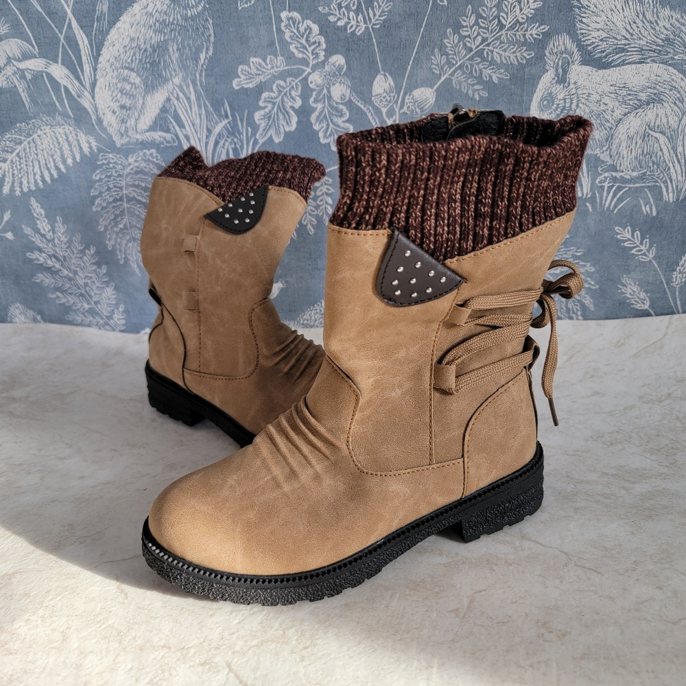 NEW Faux Suede Tan Boots with Brown Knit Cuff Size 36 EU (US 6)